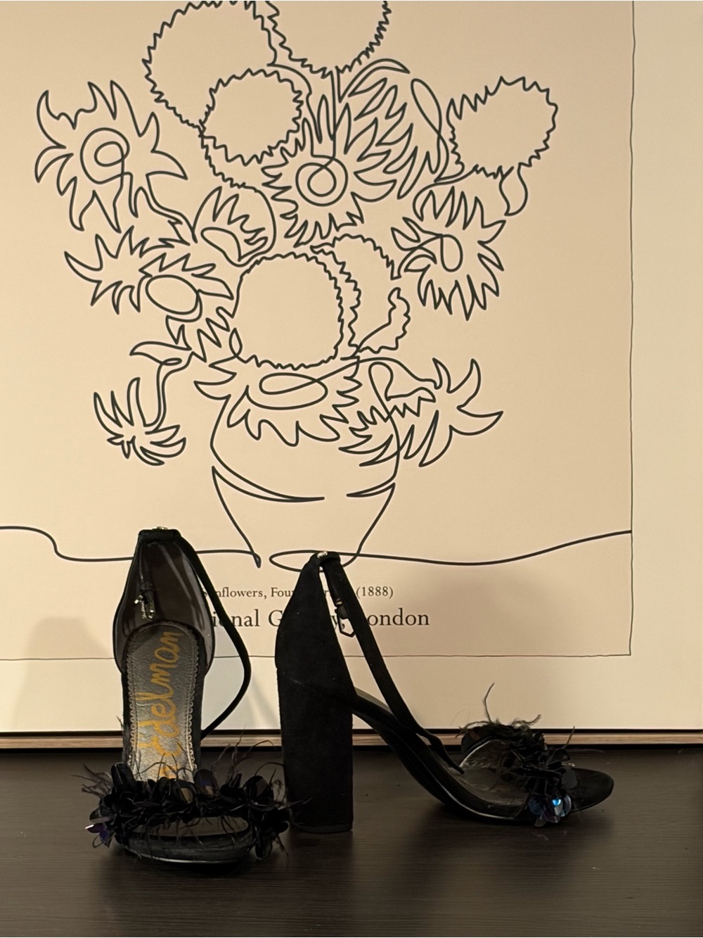 Sam Edelman Black Feather Sequin Ankle Strap Heels Size 8